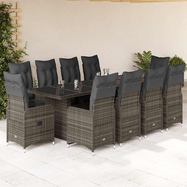 vidaXL 11-tlg. Garten-Bistro-Set mit Kissen Grau Poly Rattan