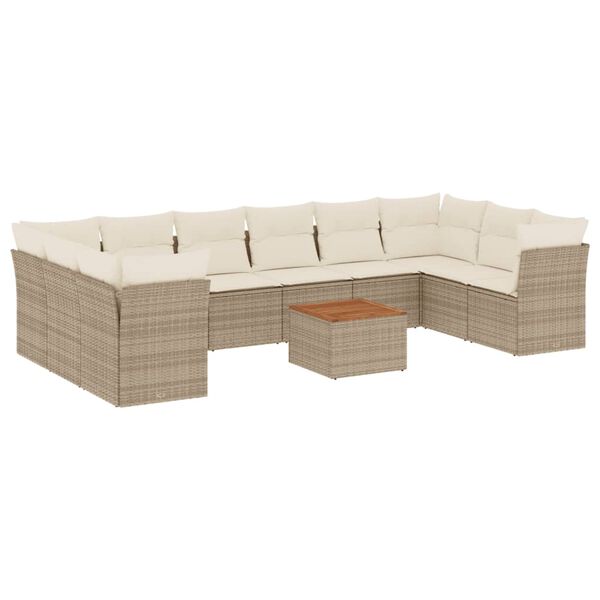 vidaXL 11-tlg. Garten-Sofagarnitur mit Kissen Beige Poly Rattan