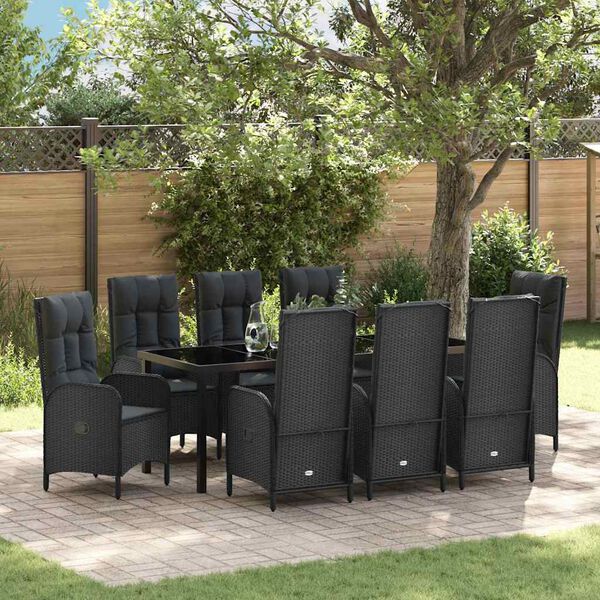 vidaXL Garten Essgruppe mit Kissen 9 pcs Schwarz Poly-Rattan