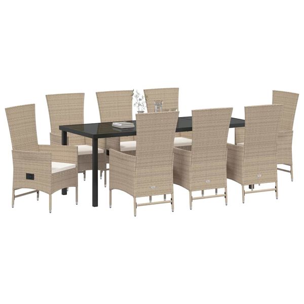 vidaXL Garten Essgruppe mit Kissen 9 pcs Beige Poly-Rattan