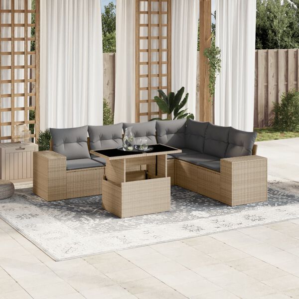 vidaXL 7-tlg. Garten-Sofagarnitur mit Kissen Beige Poly Rattan