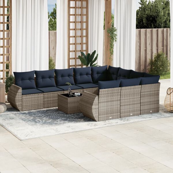 vidaXL 11-teiliges Gartensofa-Set mit Kissen, grau, Polyrattan