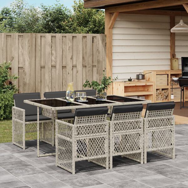 vidaXL 7-tlg. Garten-Essgruppe mit Kissen Hellgrau Poly Rattan