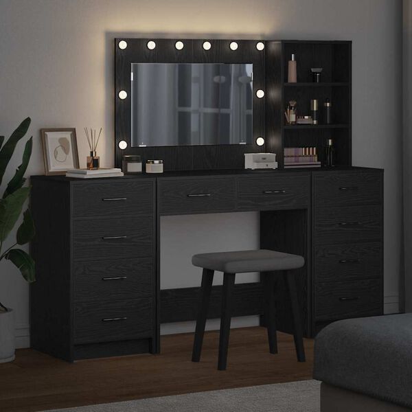 vidaXL Schminktisch mit Regal 3 pcs Schwarz Eichen-Optik Holzwerkstoff