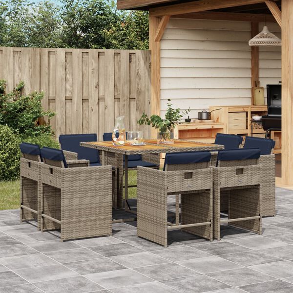 vidaXL 9-teiliges Garten-Ess-Set mit Kissen, grau, Polyrattan