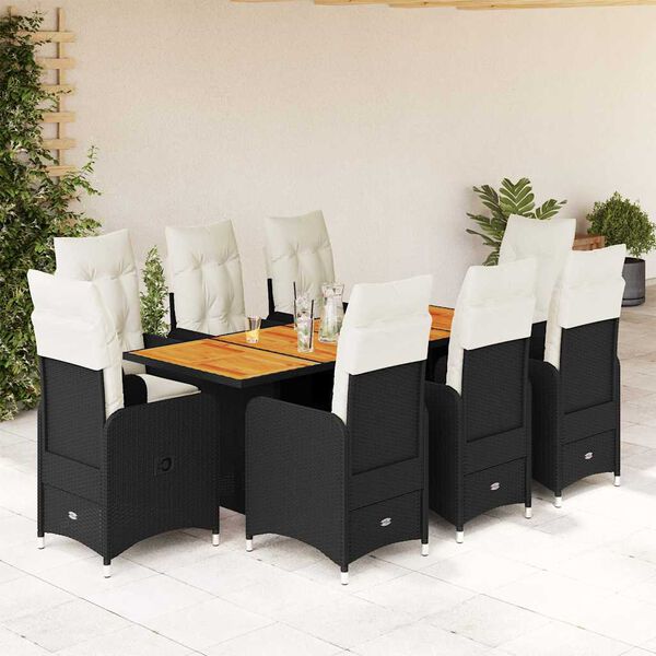vidaXL 9-tlg. Garten-Bistro-Set mit Kissen Schwarz Poly Rattan