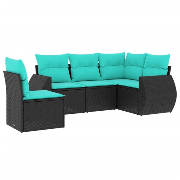 vidaXL 5-teiliges Gartensofa-Set mit Kissen, schwarzes Polyrattan