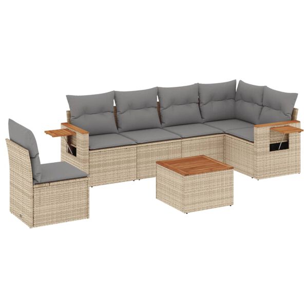 vidaXL 7-tlg. Garten-Sofagarnitur mit Kissen Beige Poly Rattan