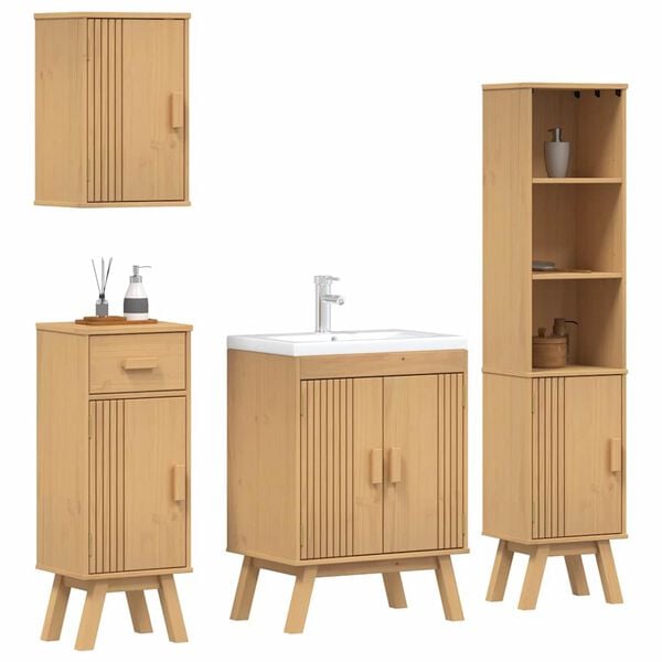 vidaXL Badezimmerm&ouml;bel-Set mit Regal 4 pcs Braun Massivholz Kiefer