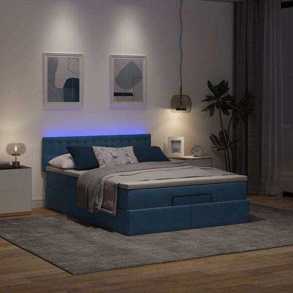 vidaXL Ottoman-Bett mit Matratze & LEDs Dunkelblau 140x190 cm Samt