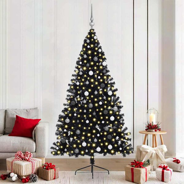 vidaXL K&uuml;nstlicher vorbeleuchteter Weihnachtsbaum Schwarz 210 cm PVC