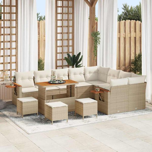 vidaXL Garten-Sofa-Set mit Kissen mit Speicher Beige Poly Rattan