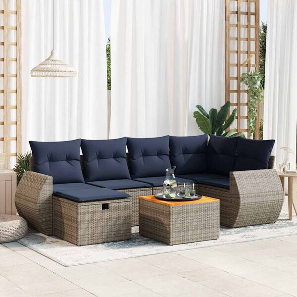 vidaXL 7-tlg. Garten-Sofagarnitur mit Kissen Grau Poly Rattan
