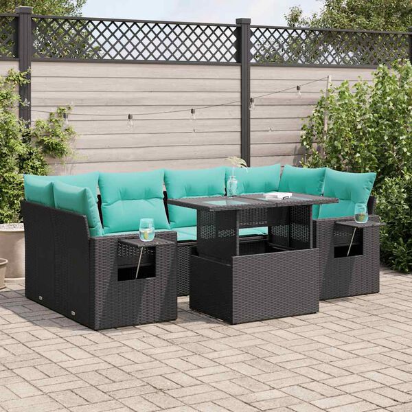 vidaXL 7-tlg. Garten-Sofagarnitur mit Kissen Schwarz Poly Rattan Akazie