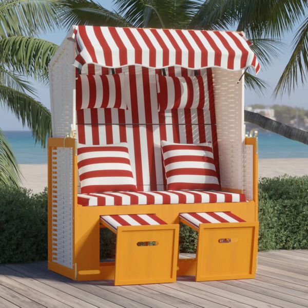vidaXL Strandkorb mit Kissen Poly Rattan und Massivholz Rot & Wei&szlig;