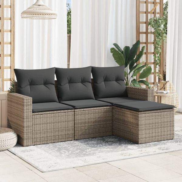 vidaXL 4-tlg. Garten-Sofagarnitur mit Kissen Grau Poly Rattan