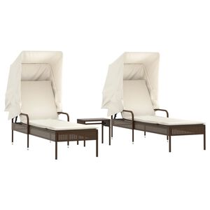 vidaXL Sonnenliegen 2 Stk. mit Dach und Tisch Braun Poly Rattan