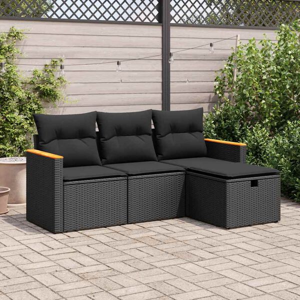 vidaXL 4-tlg. Garten-Sofagarnitur mit Kissen Schwarz Poly Rattan
