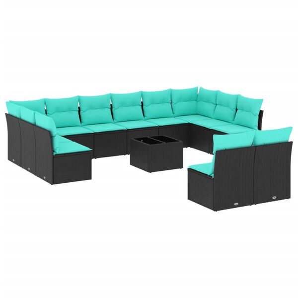 vidaXL 13-teiliges Gartensofa-Set mit Kissen, schwarzes Polyrattan