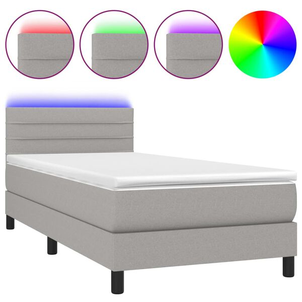 vidaXL Boxspringbett mit Matratze & LED Hellgrau 90x200 cm Stoff