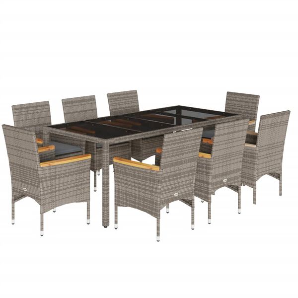 vidaXL 9-tlg. Garten-Essgruppe mit Kissen Grau Poly Rattan und Glas