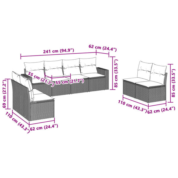 vidaXL 8-tlg. Garten-Sofagarnitur mit Kissen Hellgrau Poly Rattan