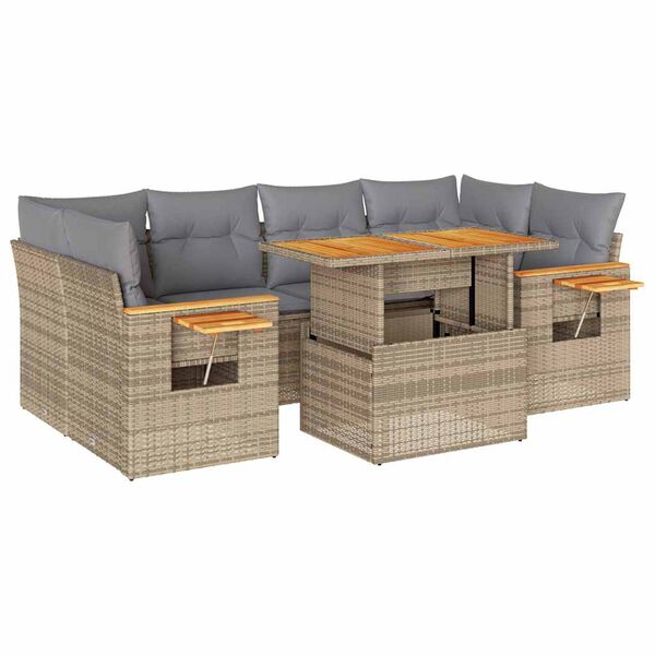 vidaXL 7-tlg. Garten-Sofagarnitur mit Kissen Beige Poly Rattan Akazie
