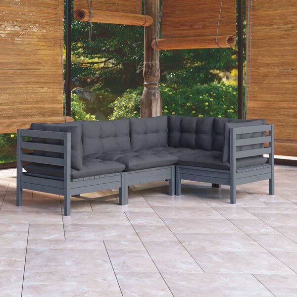 vidaXL 4-tlg. Garten-Lounge-Set mit Kissen Grau Kiefernholz