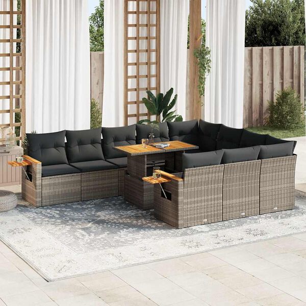 vidaXL 11-tlg. Garten-Sofagarnitur mit Kissen Grau Poly Rattan Akazie