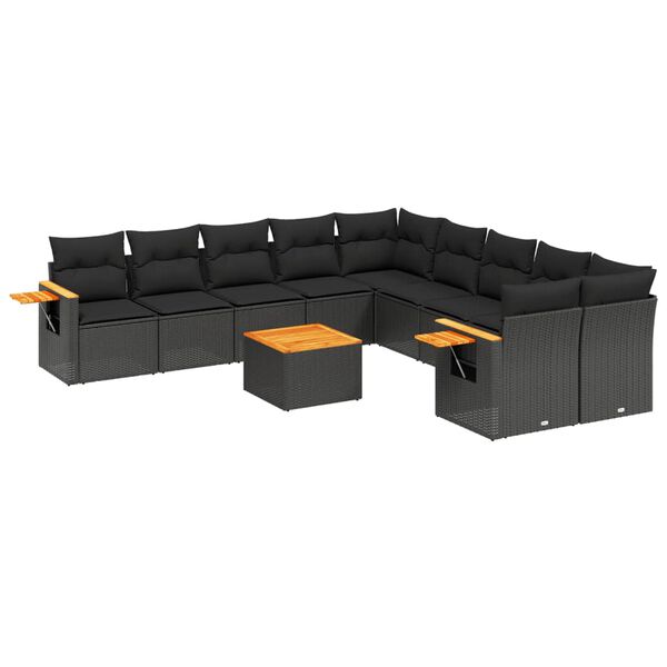 vidaXL 11-tlg. Garten-Sofagarnitur mit Kissen Schwarz Poly Rattan