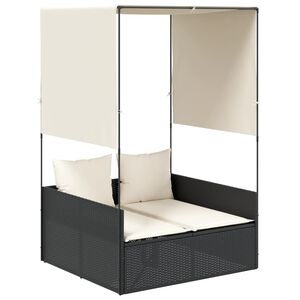 vidaXL Doppel-Sonnenliege mit Dach und Vorh&auml;ngen Schwarz Poly-Rattan