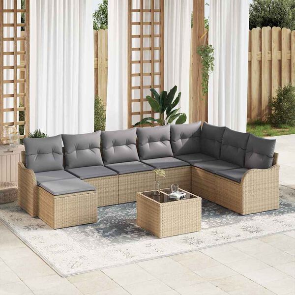 vidaXL Garten-Sofa-Set mit Kissen 9 pcs Beige und Hellgrau Poly Rattan