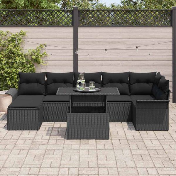 vidaXL Garten-Sofa-Set mit Kissen 8 pcs Schwarz Poly Rattan