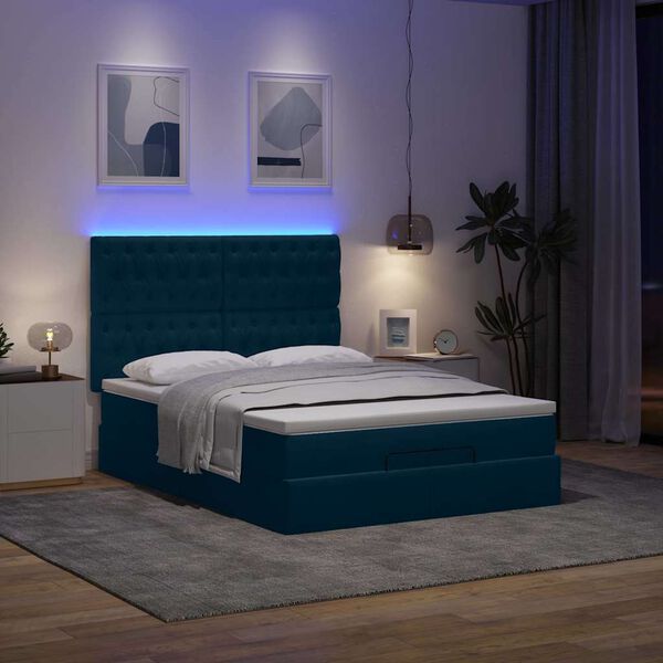 vidaXL Ottoman-Bett mit Matratzen & LEDs Dunkelblau 140x200 cm Samt