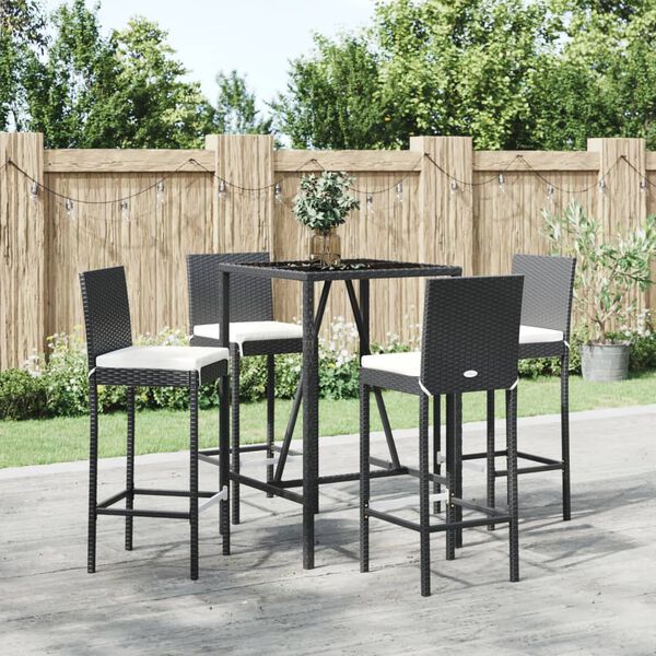 vidaXL 5-tlg. Gartenbar-Set mit Kissen Schwarz Poly Rattan