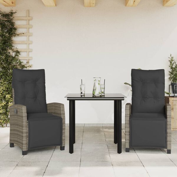 vidaXL 3-tlg. Garten-Essgruppe mit Kissen Grau Poly Rattan