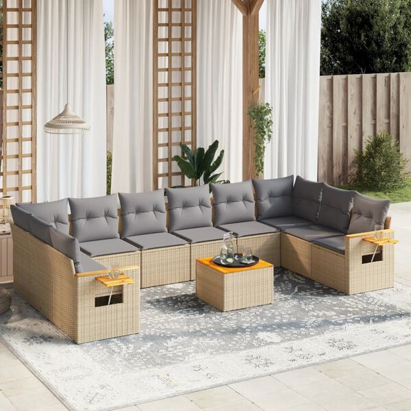 vidaXL 11-tlg. Garten-Sofagarnitur mit Kissen Beige Poly Rattan