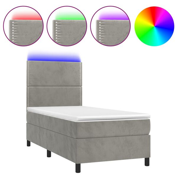vidaXL Boxspringbett mit Matratze & LED Hellgrau 90x200 cm Samt