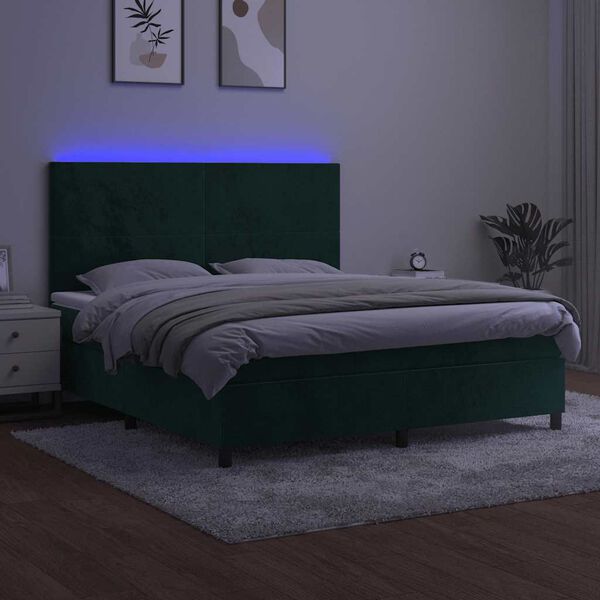 vidaXL Boxspringbett mit Matratze & LED Dunkelgr&uuml;n 180x200 cm Samt