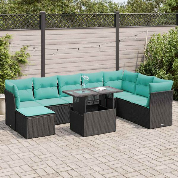 vidaXL 9-tlg. Garten-Sofagarnitur mit Kissen Schwarz Poly Rattan