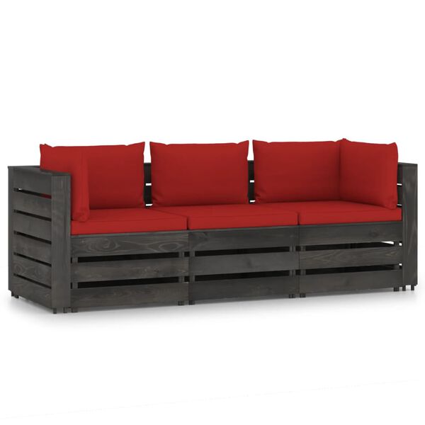 vidaXL 3-Sitzer Outdoor-Sofa mit Kissen Grau Impr&auml;gniertes Kiefernholz