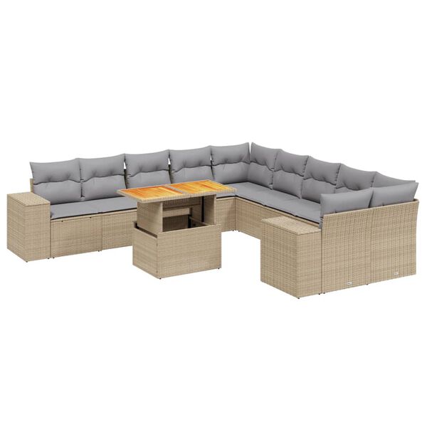 vidaXL 11-tlg. Garten-Sofagarnitur mit Kissen Beige Poly Rattan