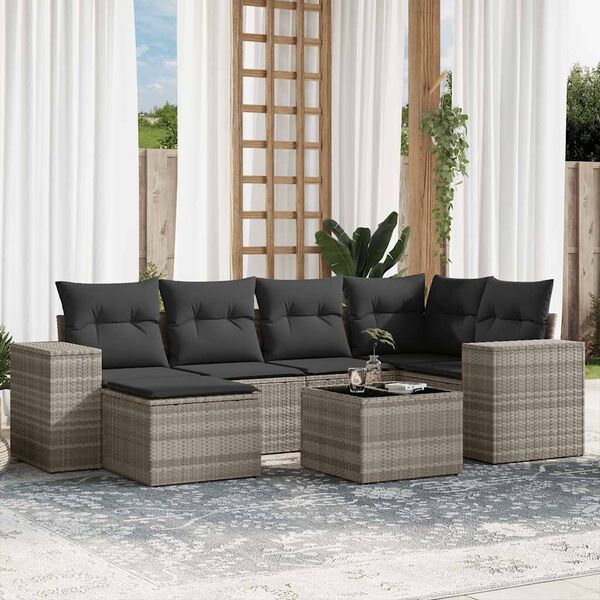 vidaXL 7-tlg. Garten-Sofagarnitur mit Kissen Hellgrau Poly Rattan