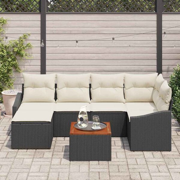 vidaXL Garten-Sofa-Set mit Kissen 7 pcs Schwarz Poly Rattan