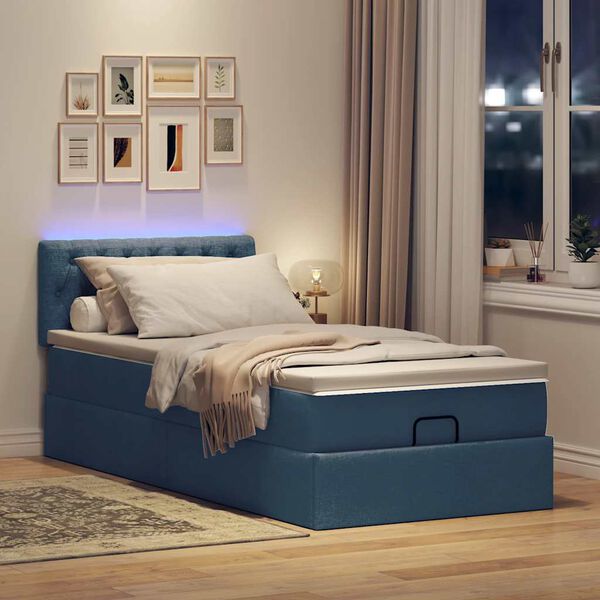 vidaXL Ottoman-Bett mit Matratze & LEDs Blau 90x190 cm Stoff