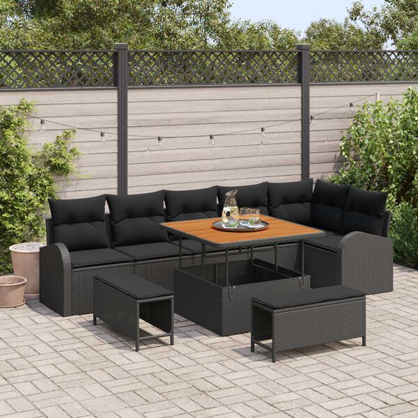 vidaXL Garten-Sofa-Set mit Kissen 9 pcs Schwarz Poly Rattan