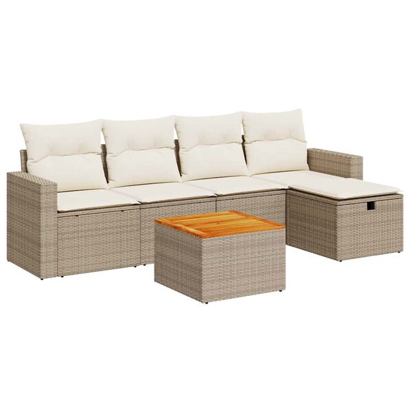 vidaXL 6-tlg. Garten-Sofagarnitur mit Kissen Beige Poly Rattan