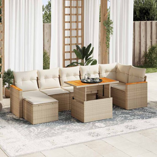 vidaXL 8-tlg. Garten-Sofagarnitur mit Kissen Beige Poly Rattan Akazie