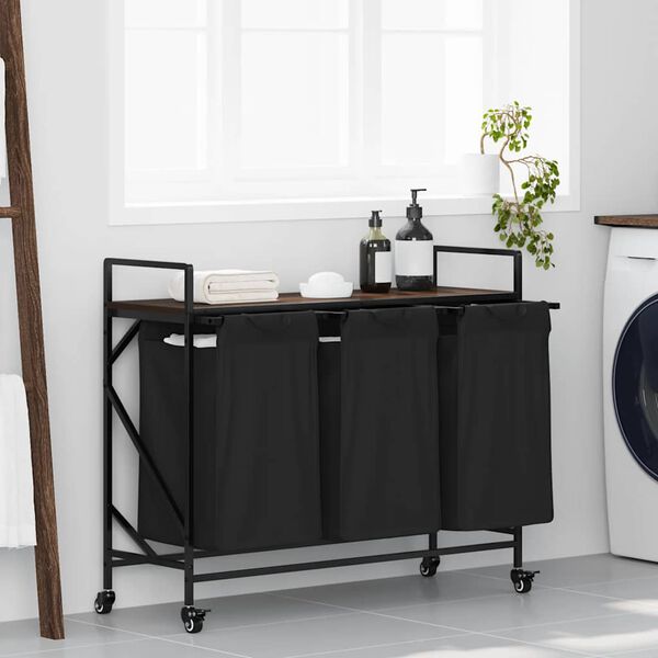 vidaXL W&auml;schekorb 3 F&auml;cher mit Rollen Braune Eiche