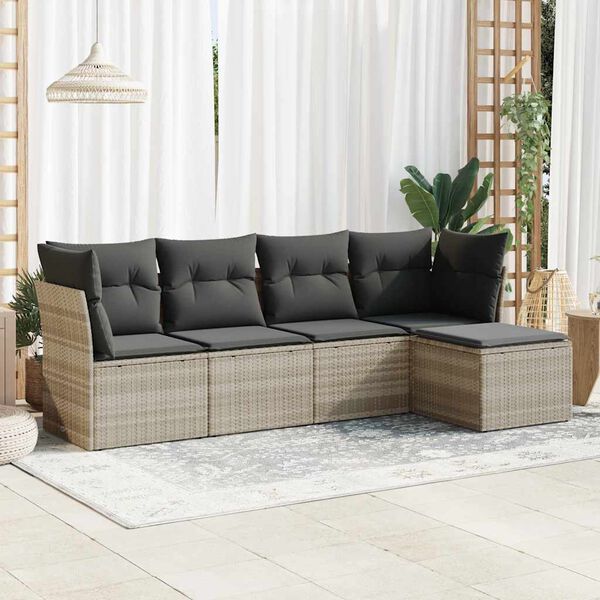 vidaXL 5-tlg. Garten-Sofagarnitur mit Kissen Hellgrau Poly Rattan